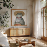 Cattitude II by Myles Sullivan. Shown in a natural wood frame in a cozy modern living room. Available as an archival giclee rolled canvas, fine art paper, or poster print. SKU 34898a.