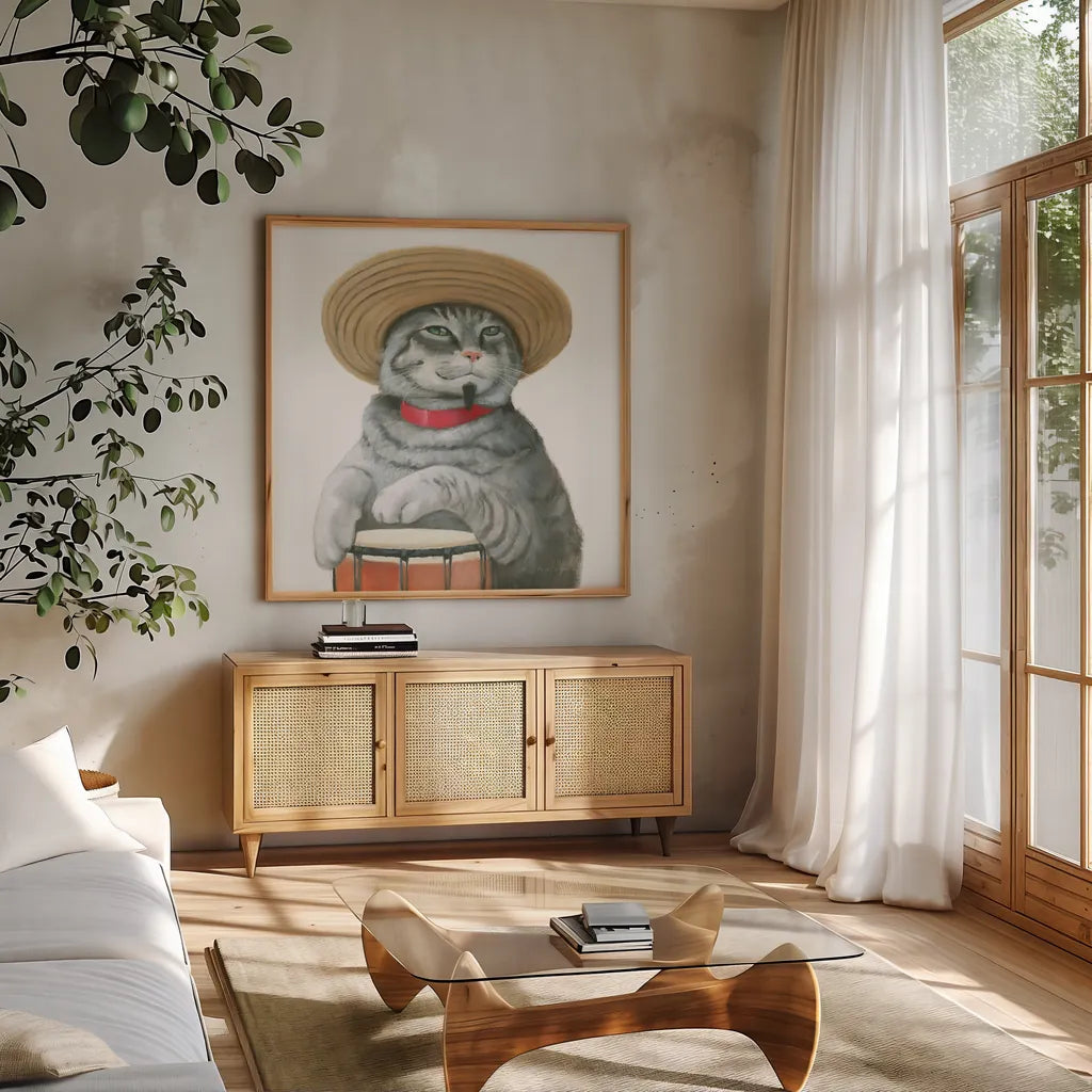 Cattitude II by Myles Sullivan. Shown in a natural wood frame in a cozy modern living room. Available as an archival giclee rolled canvas, fine art paper, or poster print. SKU 34898a.