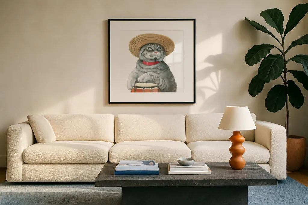 Cattitude II by Myles Sullivan. Displayed in a glass frame with matte in a clean modern living room. Available as an archival giclee rolled canvas, fine art paper, or poster print. SKU 34898a.
