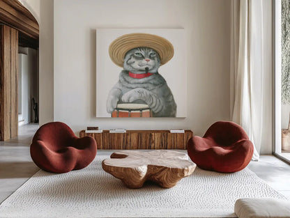 Cattitude II by Myles Sullivan. Shown as extra-large giant wall art in a modern living room. Available as an archival giclee rolled canvas, fine art paper, or poster print. SKU 34898a.