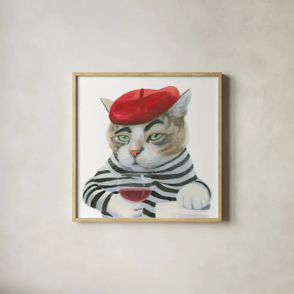 Cattitude III by Myles Sullivan. Shown in a natural wood glass frame for a timeless modern aesthetic. Available as an archival giclee rolled canvas, fine art paper, or poster print. SKU 34899a.