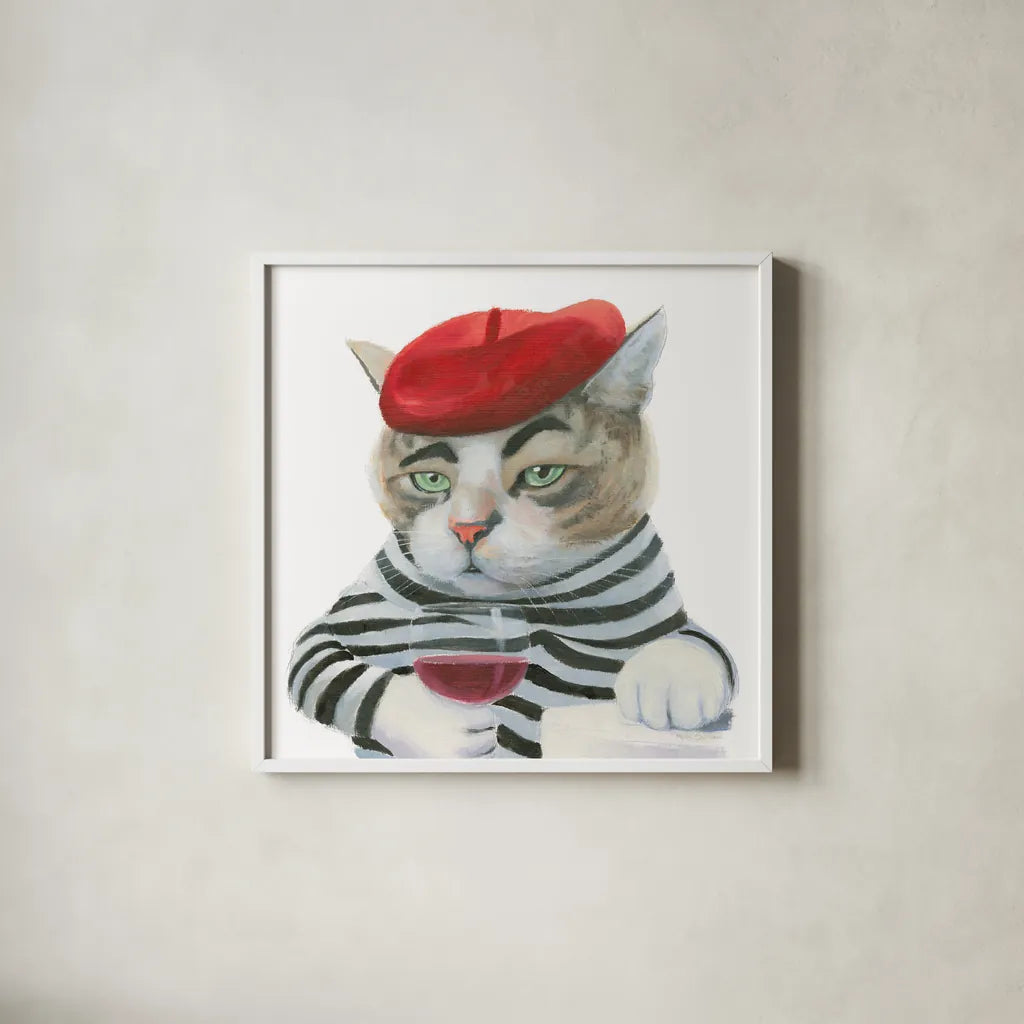 Cattitude III by Myles Sullivan. Shown in a crisp white glass frame for a clean and minimalist style. Available as an archival giclee rolled canvas, fine art paper, or poster print. SKU 34899a.