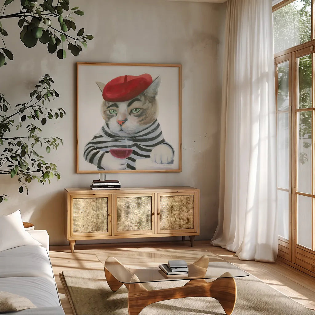 Cattitude III by Myles Sullivan. Shown in a natural wood frame in a cozy modern living room. Available as an archival giclee rolled canvas, fine art paper, or poster print. SKU 34899a.