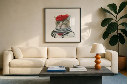 Cattitude III by Myles Sullivan. Displayed in a glass frame with matte in a clean modern living room. Available as an archival giclee rolled canvas, fine art paper, or poster print. SKU 34899a.