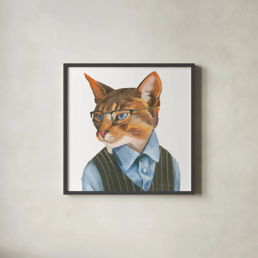 Cattitude IV by Myles Sullivan. Shown in a sleek black glass frame for a contemporary gallery look. Available as an archival giclee rolled canvas, fine art paper, or poster print. SKU 34900a.