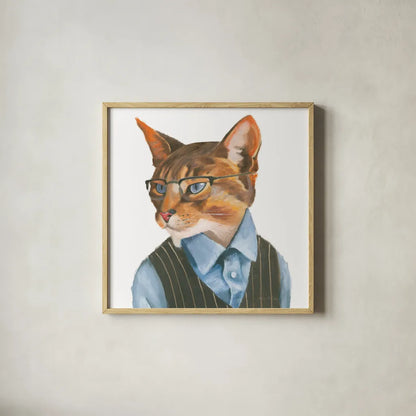 Cattitude IV by Myles Sullivan. Shown in a natural wood glass frame for a timeless modern aesthetic. Available as an archival giclee rolled canvas, fine art paper, or poster print. SKU 34900a.