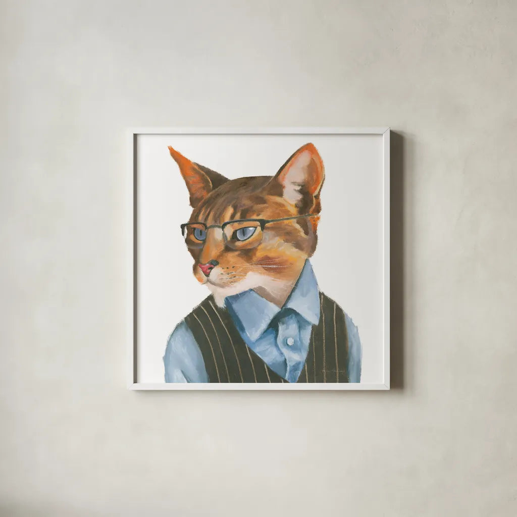 Cattitude IV by Myles Sullivan. Shown in a crisp white glass frame for a clean and minimalist style. Available as an archival giclee rolled canvas, fine art paper, or poster print. SKU 34900a.