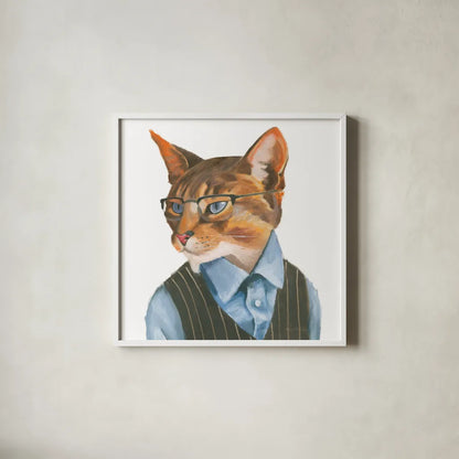 Cattitude IV by Myles Sullivan. Shown in a crisp white glass frame for a clean and minimalist style. Available as an archival giclee rolled canvas, fine art paper, or poster print. SKU 34900a.