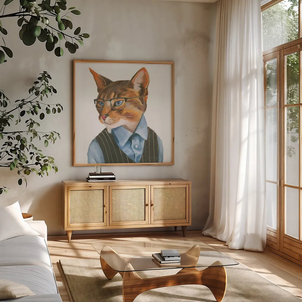 Cattitude IV by Myles Sullivan. Shown in a natural wood frame in a cozy modern living room. Available as an archival giclee rolled canvas, fine art paper, or poster print. SKU 34900a.