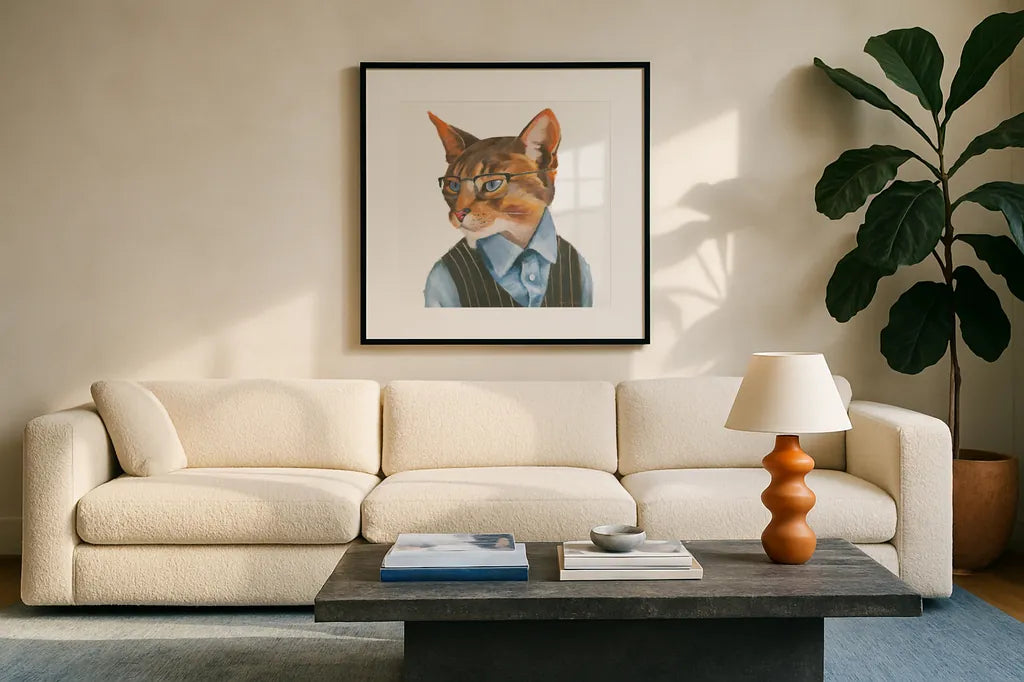 Cattitude IV by Myles Sullivan. Displayed in a glass frame with matte in a clean modern living room. Available as an archival giclee rolled canvas, fine art paper, or poster print. SKU 34900a.