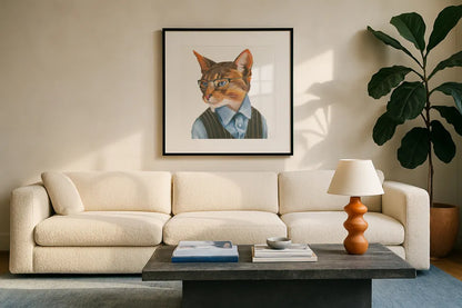 Cattitude IV by Myles Sullivan. Displayed in a glass frame with matte in a clean modern living room. Available as an archival giclee rolled canvas, fine art paper, or poster print. SKU 34900a.
