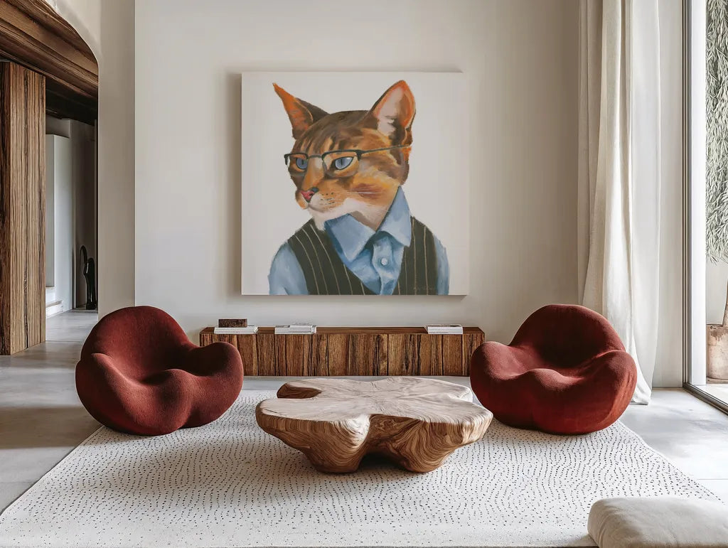Cattitude IV by Myles Sullivan. Shown as extra-large giant wall art in a modern living room. Available as an archival giclee rolled canvas, fine art paper, or poster print. SKU 34900a.