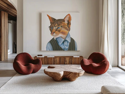 Cattitude IV by Myles Sullivan. Shown as extra-large giant wall art in a modern living room. Available as an archival giclee rolled canvas, fine art paper, or poster print. SKU 34900a.
