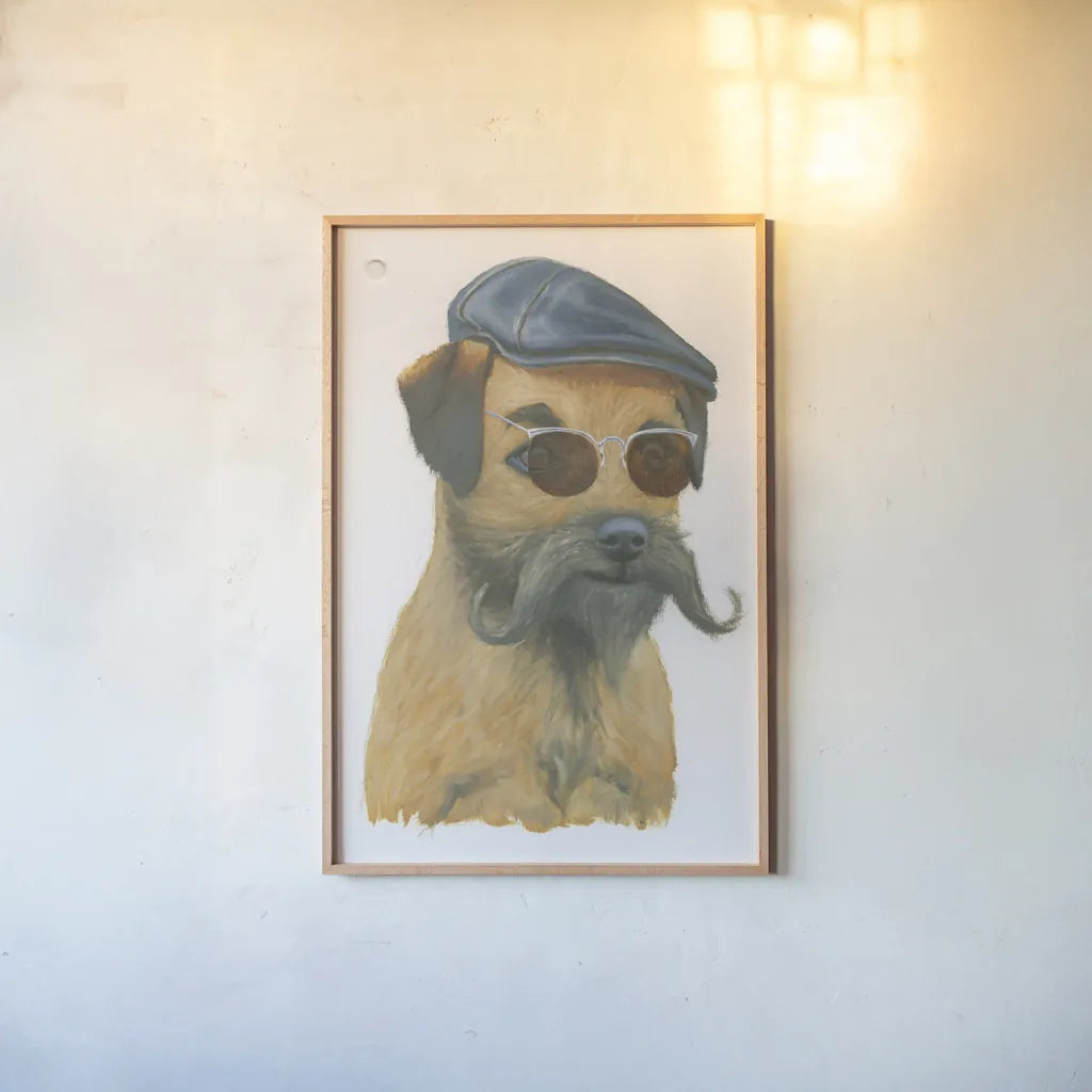 Cool Dog for the Boys I by Myles Sullivan. shown as a paper print in a natural frame. Available as a archival giclee rolled canvas, fine art paper, or poster print. SKU 38725h.