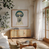 Cool Dog for the Boys II by Myles Sullivan. Shown in a natural wood frame in a cozy modern living room. Available as an archival giclee rolled canvas, fine art paper, or poster print. SKU 38726a.