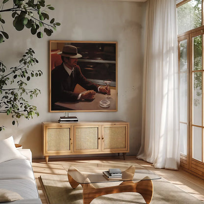 Dry Martini Crop I by Myles Sullivan. Shown in a natural wood frame in a cozy modern living room. Available as an archival giclee rolled canvas, fine art paper, or poster print. SKU 10177a.