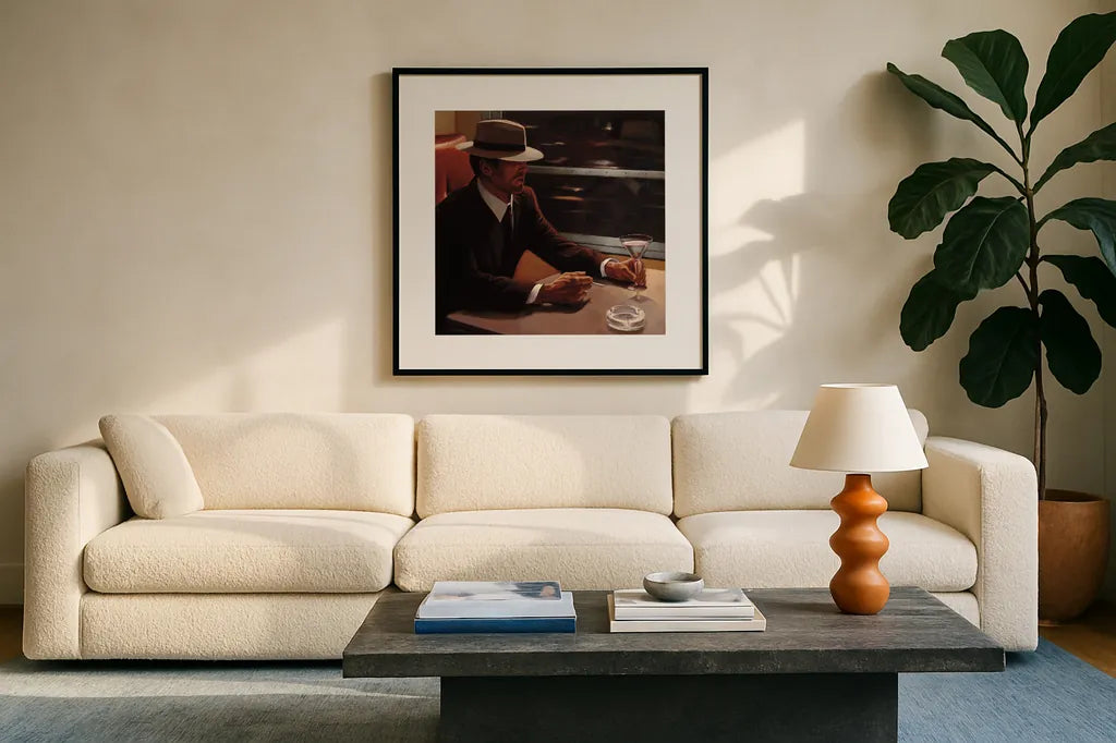 Dry Martini Crop I by Myles Sullivan. Displayed in a glass frame with matte in a clean modern living room. Available as an archival giclee rolled canvas, fine art paper, or poster print. SKU 10177a.