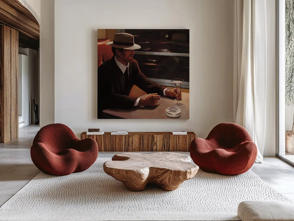 Dry Martini Crop I by Myles Sullivan. Shown as extra-large giant wall art in a modern living room. Available as an archival giclee rolled canvas, fine art paper, or poster print. SKU 10177a.