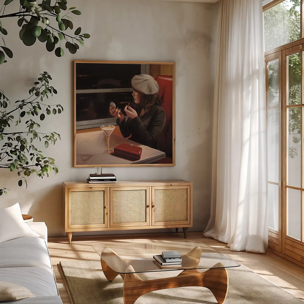 Dry Martini Crop II by Myles Sullivan. Shown in a natural wood frame in a cozy modern living room. Available as an archival giclee rolled canvas, fine art paper, or poster print. SKU 10178a.