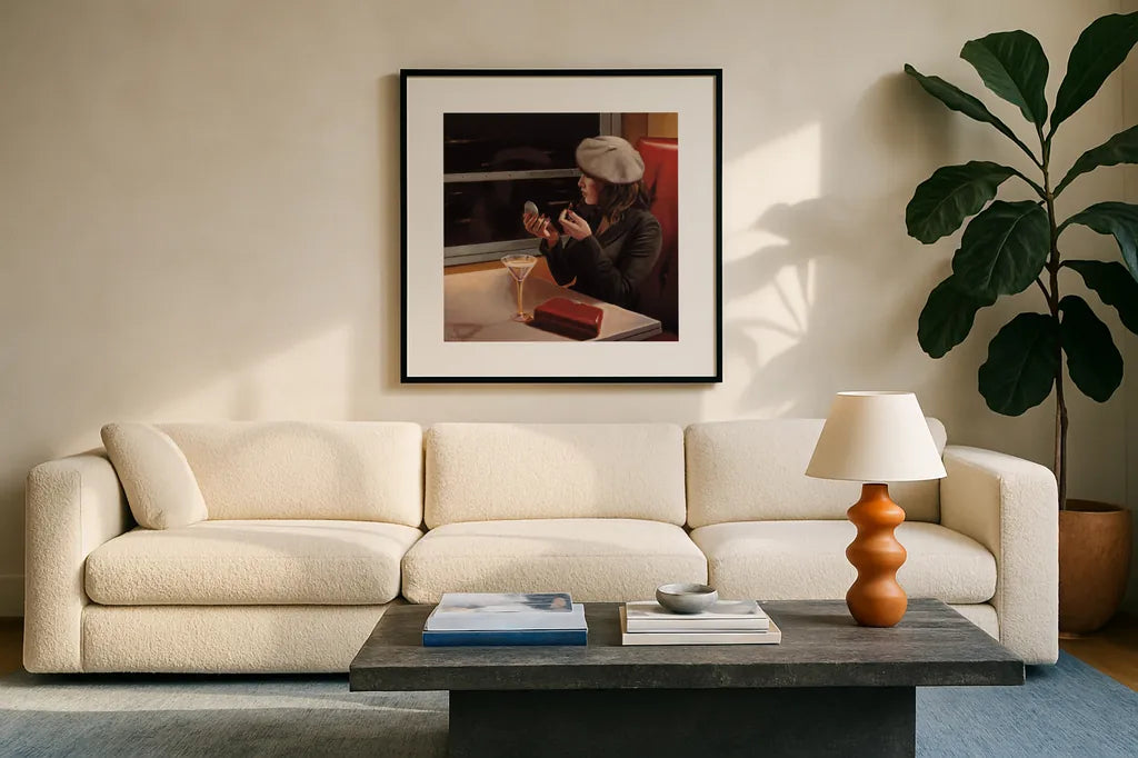 Dry Martini Crop II by Myles Sullivan. Displayed in a glass frame with matte in a clean modern living room. Available as an archival giclee rolled canvas, fine art paper, or poster print. SKU 10178a.