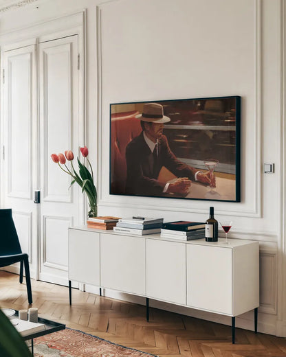 Dry Martini Dining Car by Myles Sullivan. shown as a framed stretched canvas in a living room above a console. Available as a archival giclee rolled canvas, fine art paper, or poster print. SKU 82393i.