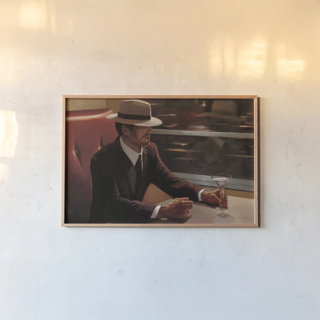 Dry Martini Dining Car by Myles Sullivan. shown as a paper print in a natural frame. Available as a archival giclee rolled canvas, fine art paper, or poster print. SKU 82393i.