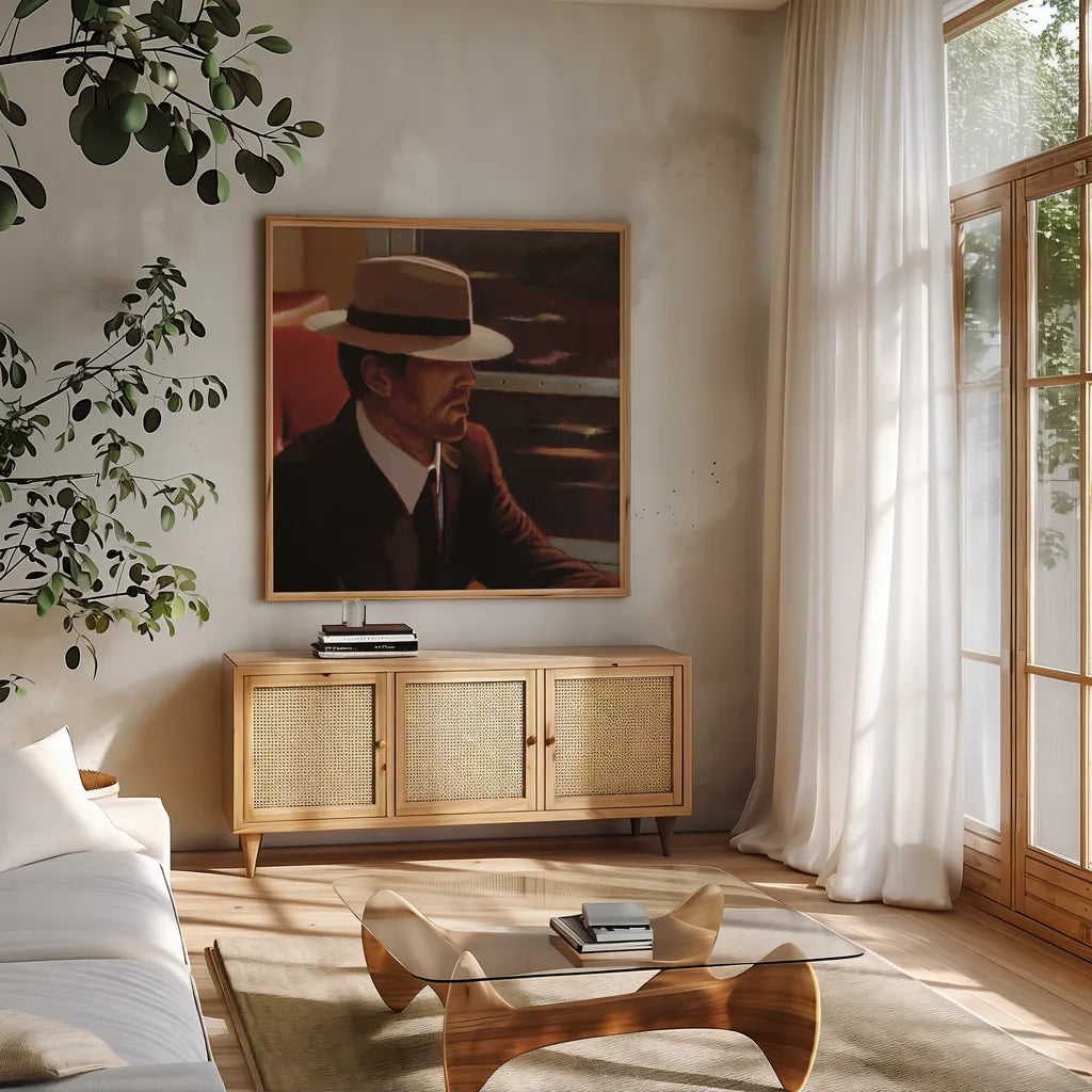 Dry Martini Portrait by Myles Sullivan. Shown in a natural wood frame in a cozy modern living room. Available as an archival giclee rolled canvas, fine art paper, or poster print. SKU 82394a.