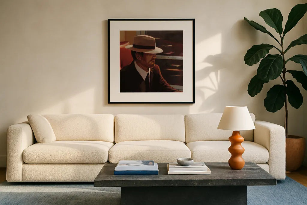 Dry Martini Portrait by Myles Sullivan. Displayed in a glass frame with matte in a clean modern living room. Available as an archival giclee rolled canvas, fine art paper, or poster print. SKU 82394a.