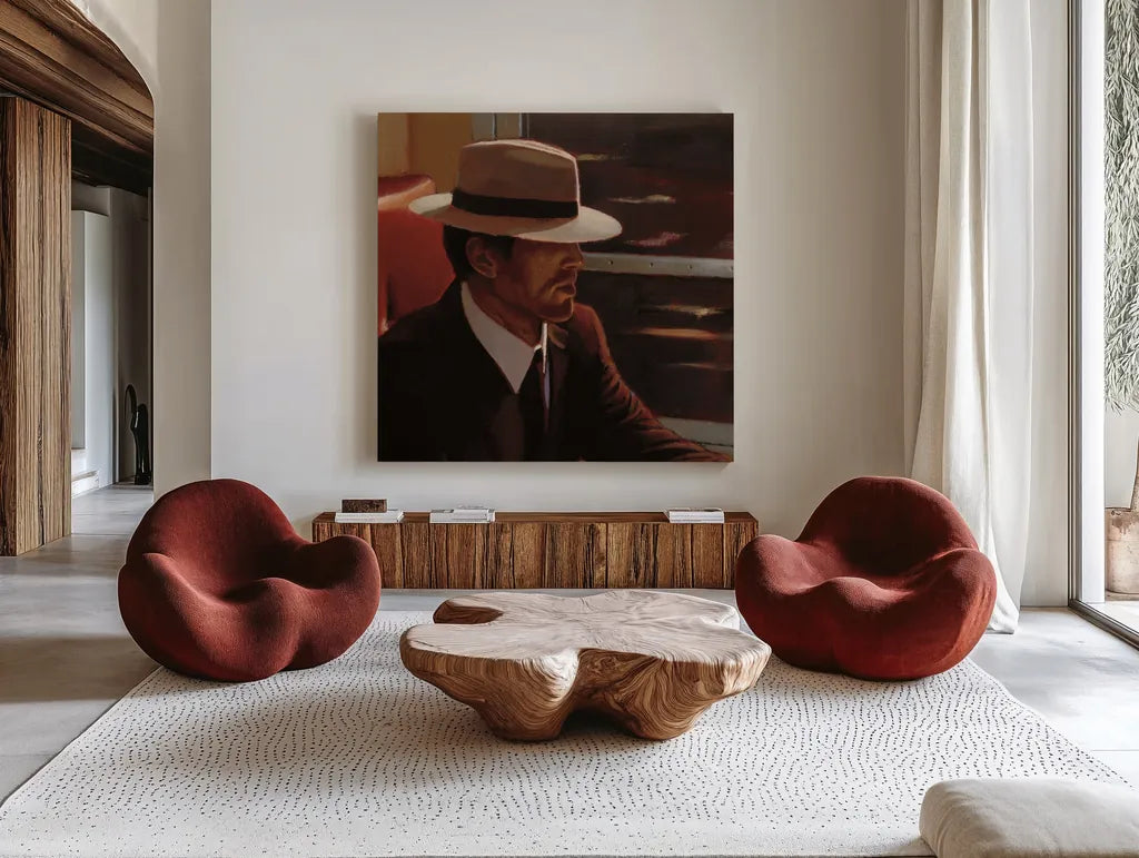 Dry Martini Portrait by Myles Sullivan. Shown as extra-large giant wall art in a modern living room. Available as an archival giclee rolled canvas, fine art paper, or poster print. SKU 82394a.