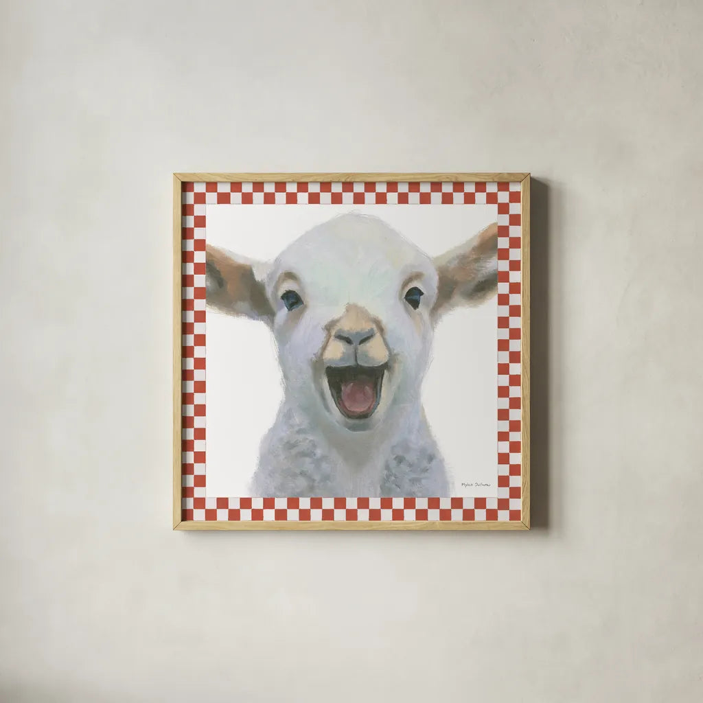 Farm Friends I Border by Myles Sullivan. Shown in a natural wood glass frame for a timeless modern aesthetic. Available as an archival giclee rolled canvas, fine art paper, or poster print. SKU 36692a.