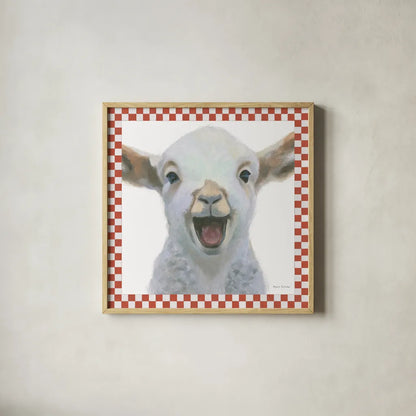 Farm Friends I Border by Myles Sullivan. Shown in a natural wood glass frame for a timeless modern aesthetic. Available as an archival giclee rolled canvas, fine art paper, or poster print. SKU 36692a.