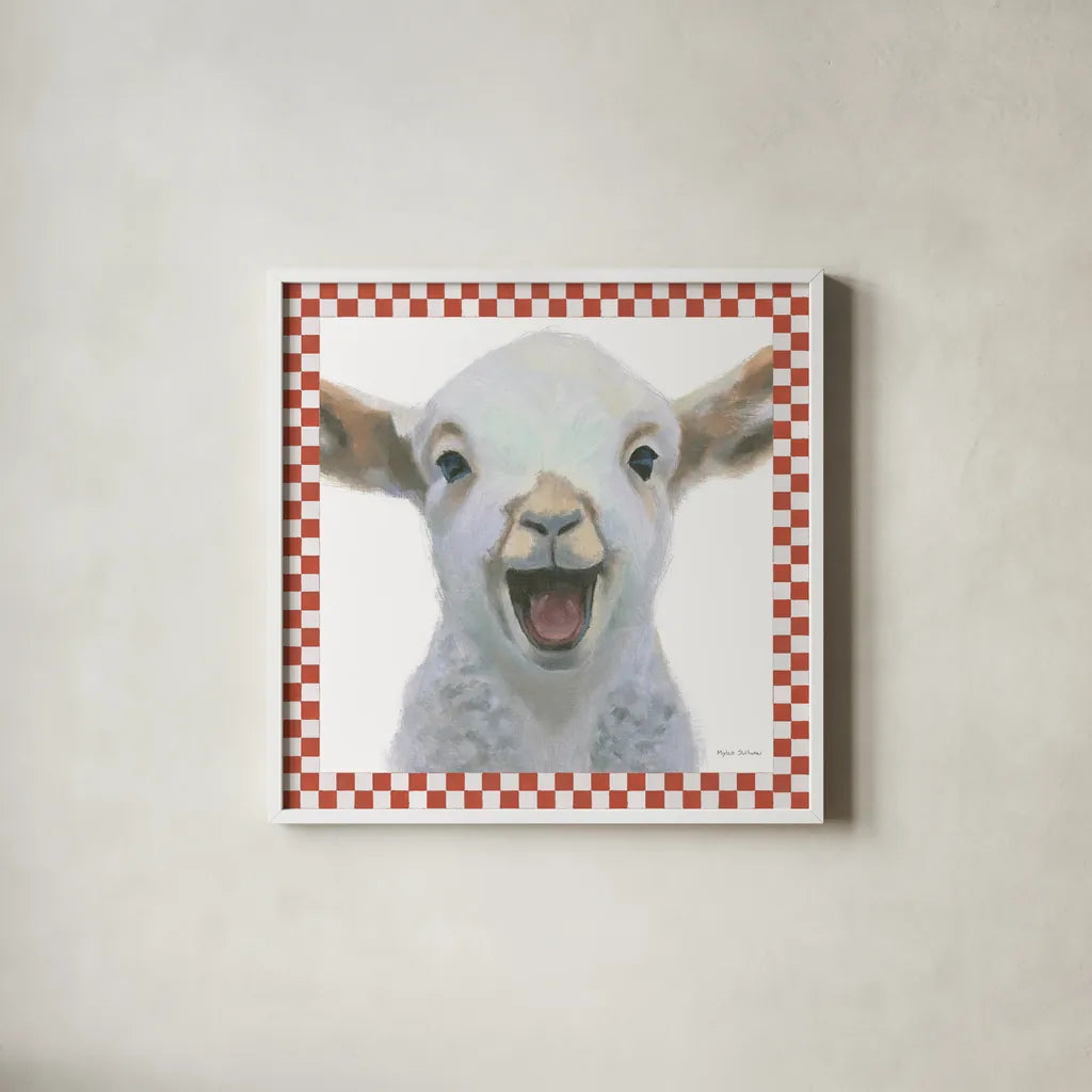 Farm Friends I Border by Myles Sullivan. Shown in a crisp white glass frame for a clean and minimalist style. Available as an archival giclee rolled canvas, fine art paper, or poster print. SKU 36692a.