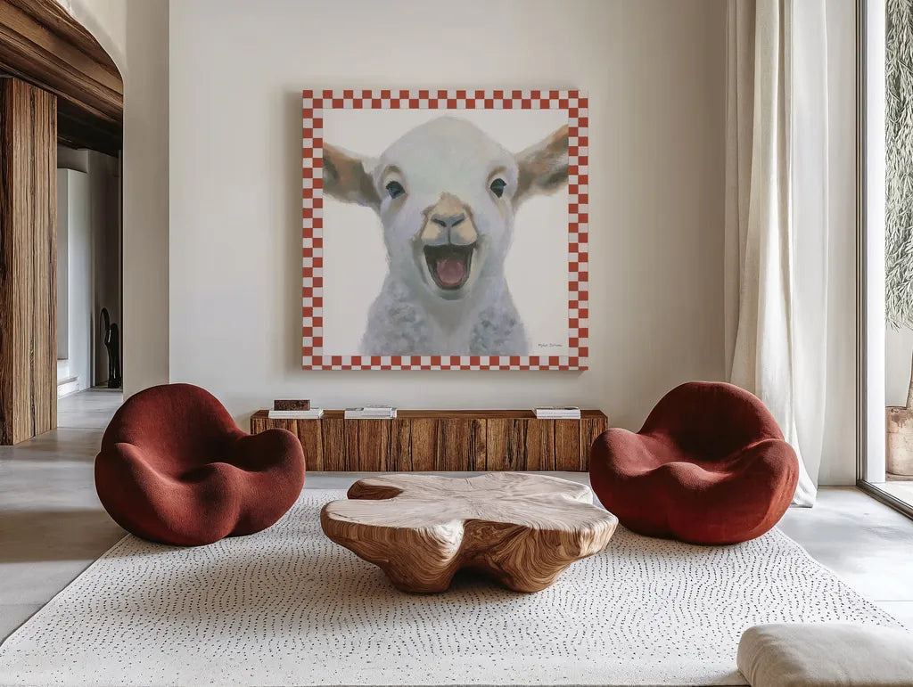 Farm Friends I Border by Myles Sullivan. Shown as extra-large giant wall art in a modern living room. Available as an archival giclee rolled canvas, fine art paper, or poster print. SKU 36692a.