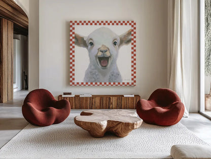 Farm Friends I Border by Myles Sullivan. Shown as extra-large giant wall art in a modern living room. Available as an archival giclee rolled canvas, fine art paper, or poster print. SKU 36692a.