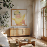 Farm Friends II by Myles Sullivan. Shown in a natural wood frame in a cozy modern living room. Available as an archival giclee rolled canvas, fine art paper, or poster print. SKU 36689a.