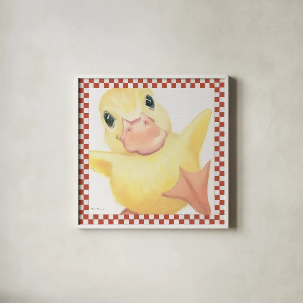 Farm Friends II Border by Myles Sullivan. Shown in a crisp white glass frame for a clean and minimalist style. Available as an archival giclee rolled canvas, fine art paper, or poster print. SKU 36693a.