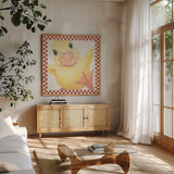 Farm Friends II Border by Myles Sullivan. Shown in a natural wood frame in a cozy modern living room. Available as an archival giclee rolled canvas, fine art paper, or poster print. SKU 36693a.