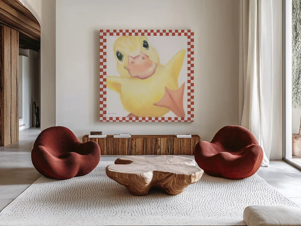 Farm Friends II Border by Myles Sullivan. Shown as extra-large giant wall art in a modern living room. Available as an archival giclee rolled canvas, fine art paper, or poster print. SKU 36693a.