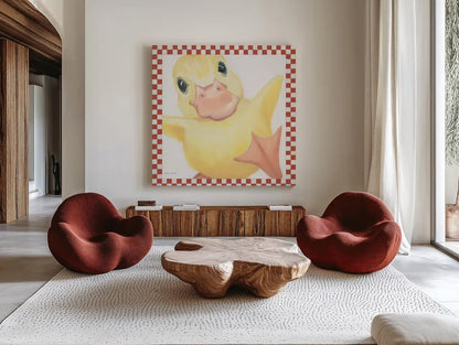 Farm Friends II Border by Myles Sullivan. Shown as extra-large giant wall art in a modern living room. Available as an archival giclee rolled canvas, fine art paper, or poster print. SKU 36693a.