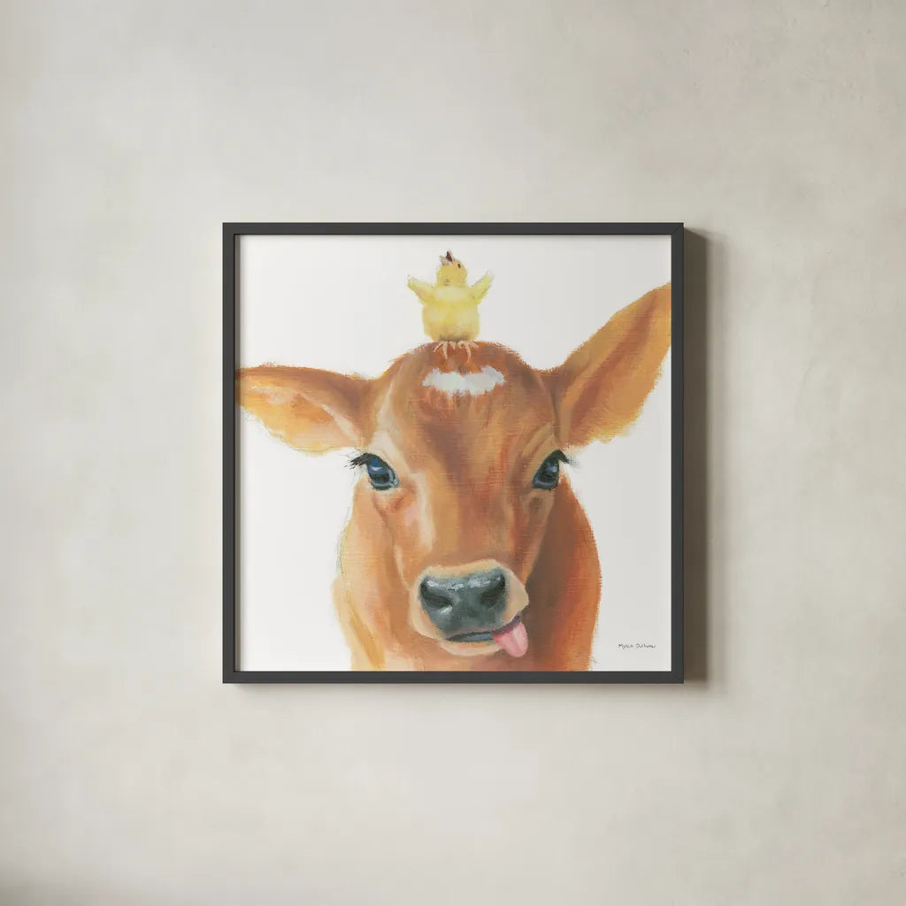 Farm Friends III by Myles Sullivan. Shown in a sleek black glass frame for a contemporary gallery look. Available as an archival giclee rolled canvas, fine art paper, or poster print. SKU 36690a.