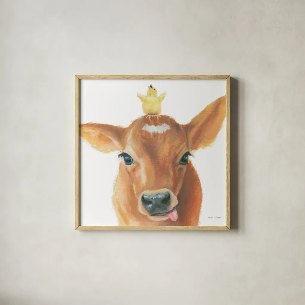 Farm Friends III by Myles Sullivan. Shown in a natural wood glass frame for a timeless modern aesthetic. Available as an archival giclee rolled canvas, fine art paper, or poster print. SKU 36690a.