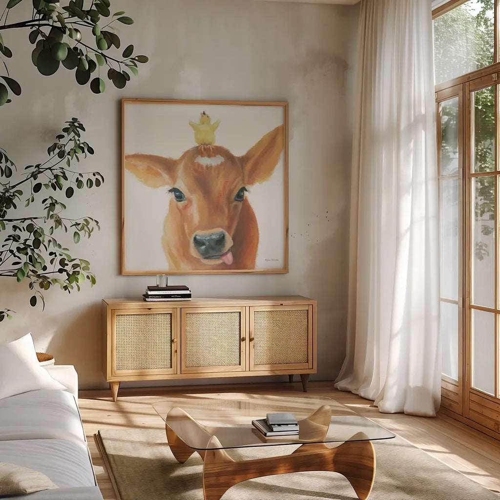 Farm Friends III by Myles Sullivan. Shown in a natural wood frame in a cozy modern living room. Available as an archival giclee rolled canvas, fine art paper, or poster print. SKU 36690a.