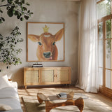Farm Friends III by Myles Sullivan. Shown in a natural wood frame in a cozy modern living room. Available as an archival giclee rolled canvas, fine art paper, or poster print. SKU 36690a.