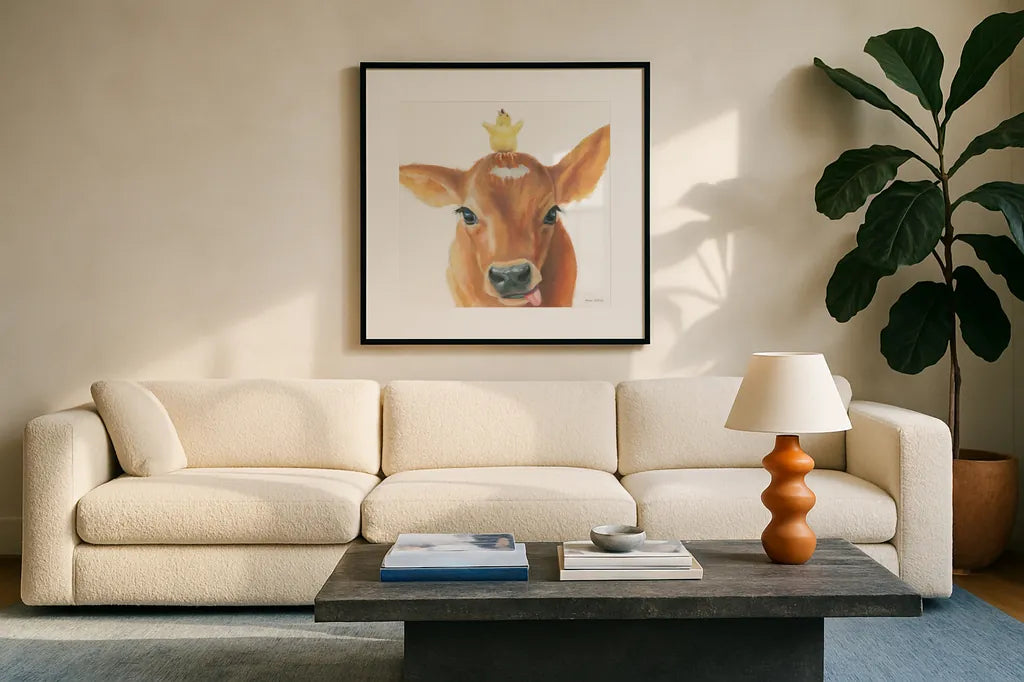 Farm Friends III by Myles Sullivan. Displayed in a glass frame with matte in a clean modern living room. Available as an archival giclee rolled canvas, fine art paper, or poster print. SKU 36690a.