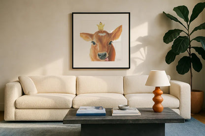 Farm Friends III by Myles Sullivan. Displayed in a glass frame with matte in a clean modern living room. Available as an archival giclee rolled canvas, fine art paper, or poster print. SKU 36690a.