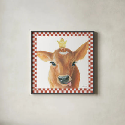 Farm Friends III Border by Myles Sullivan. Shown in a sleek black glass frame for a contemporary gallery look. Available as an archival giclee rolled canvas, fine art paper, or poster print. SKU 36694a.