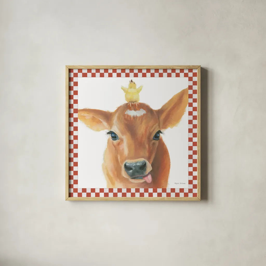 Farm Friends III Border by Myles Sullivan. Shown in a natural wood glass frame for a timeless modern aesthetic. Available as an archival giclee rolled canvas, fine art paper, or poster print. SKU 36694a.