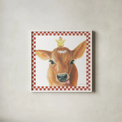 Farm Friends III Border by Myles Sullivan. Shown in a crisp white glass frame for a clean and minimalist style. Available as an archival giclee rolled canvas, fine art paper, or poster print. SKU 36694a.