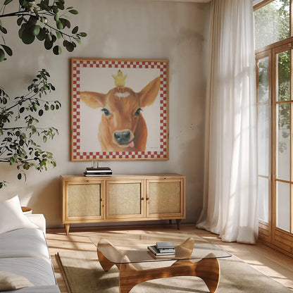 Farm Friends III Border by Myles Sullivan. Shown in a natural wood frame in a cozy modern living room. Available as an archival giclee rolled canvas, fine art paper, or poster print. SKU 36694a.