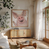 Farm Friends IV by Myles Sullivan. Shown in a natural wood frame in a cozy modern living room. Available as an archival giclee rolled canvas, fine art paper, or poster print. SKU 36691a.
